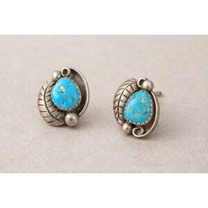 Vintage Sterling Silver Turquoise Leaf Stud Earrings Signed RPS Native Style